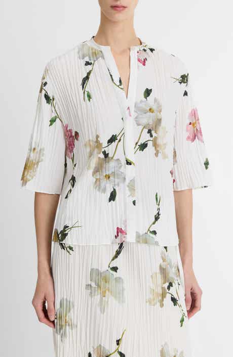 Vince Wilted Peony Plissé Button-Up Shirt