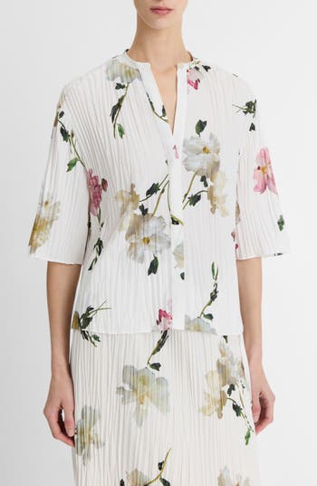 Vince Wilted Peony Plissé Button-up Shirt In Red