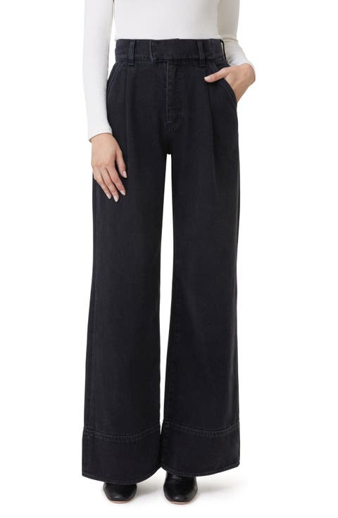 Pleated High Waist Super Wide Leg Jeans (Washed Black)