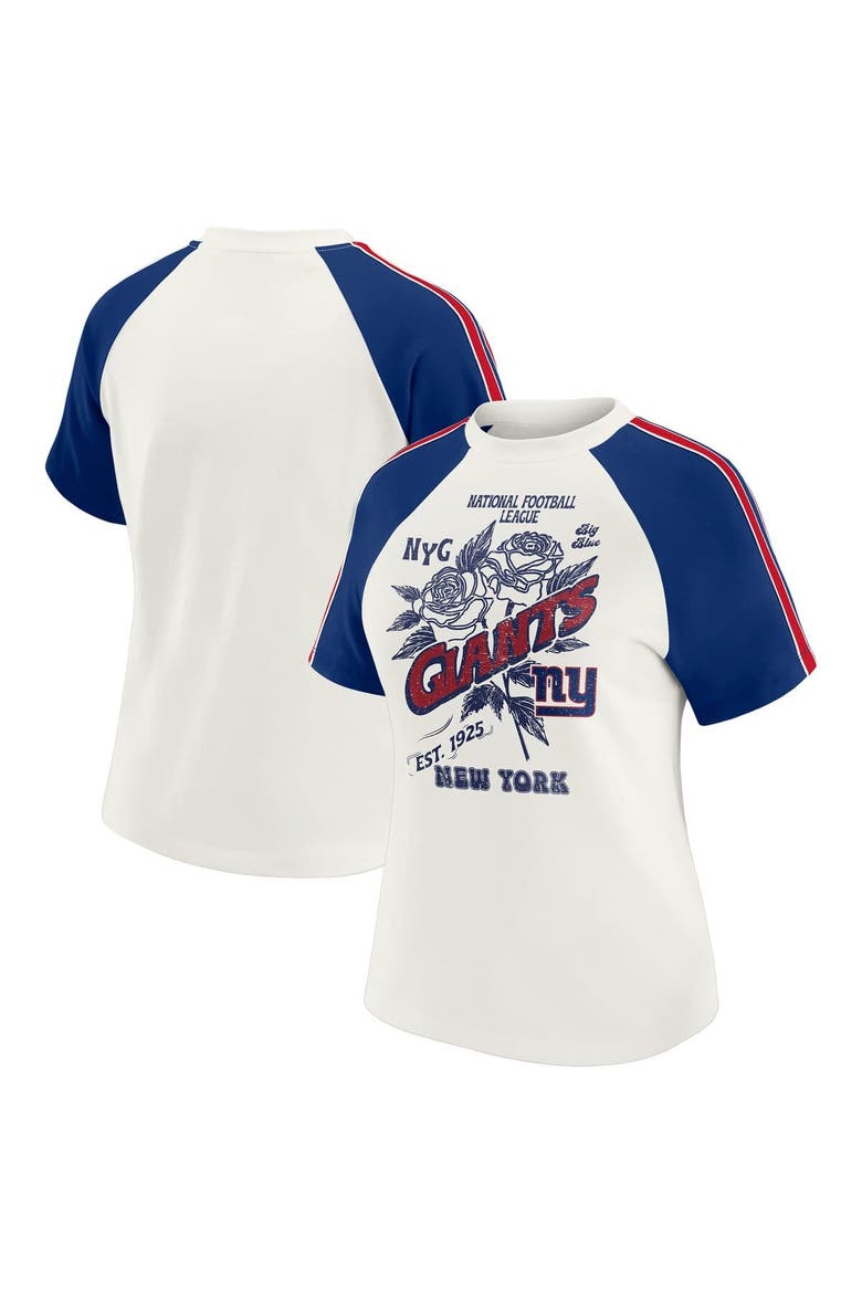Women's WEAR by Erin Andrews White New York Giants Sleeve Stripe Distressed Raglan T-Shirt, Main, color, White