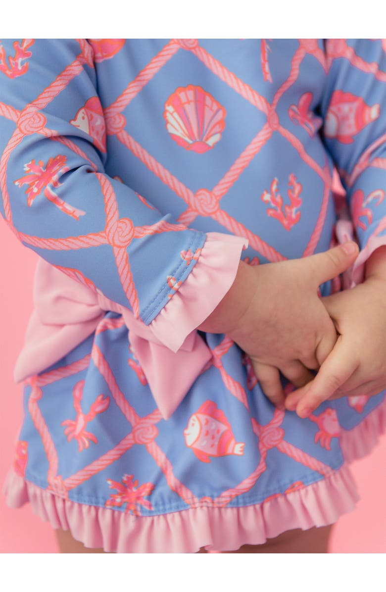 RuffleButts UPF50+ Long Sleeve One Piece Bow Peplum Rash Guard Swimsuit, Alternate, color, Tropical Trellis