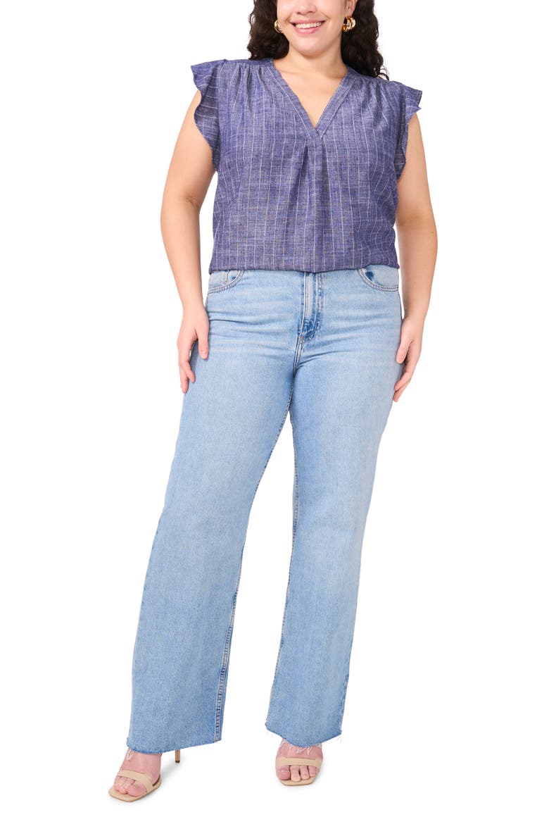 Pinstripe Flutter Sleeve Chambray Top, Alternate, color, COOL WATERS