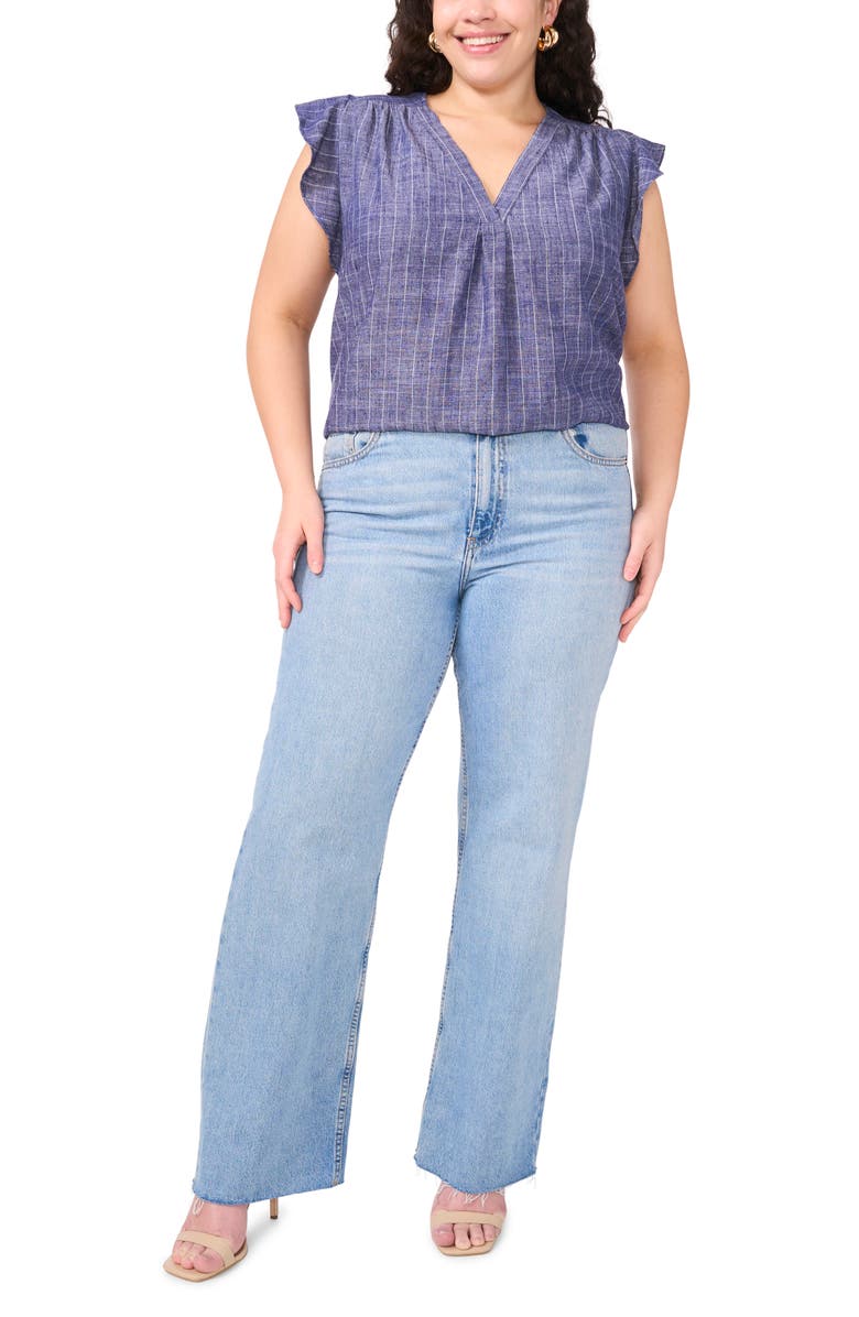 Vince Camuto Pinstripe Flutter Sleeve Chambray Top, Alternate, color, Cool Waters