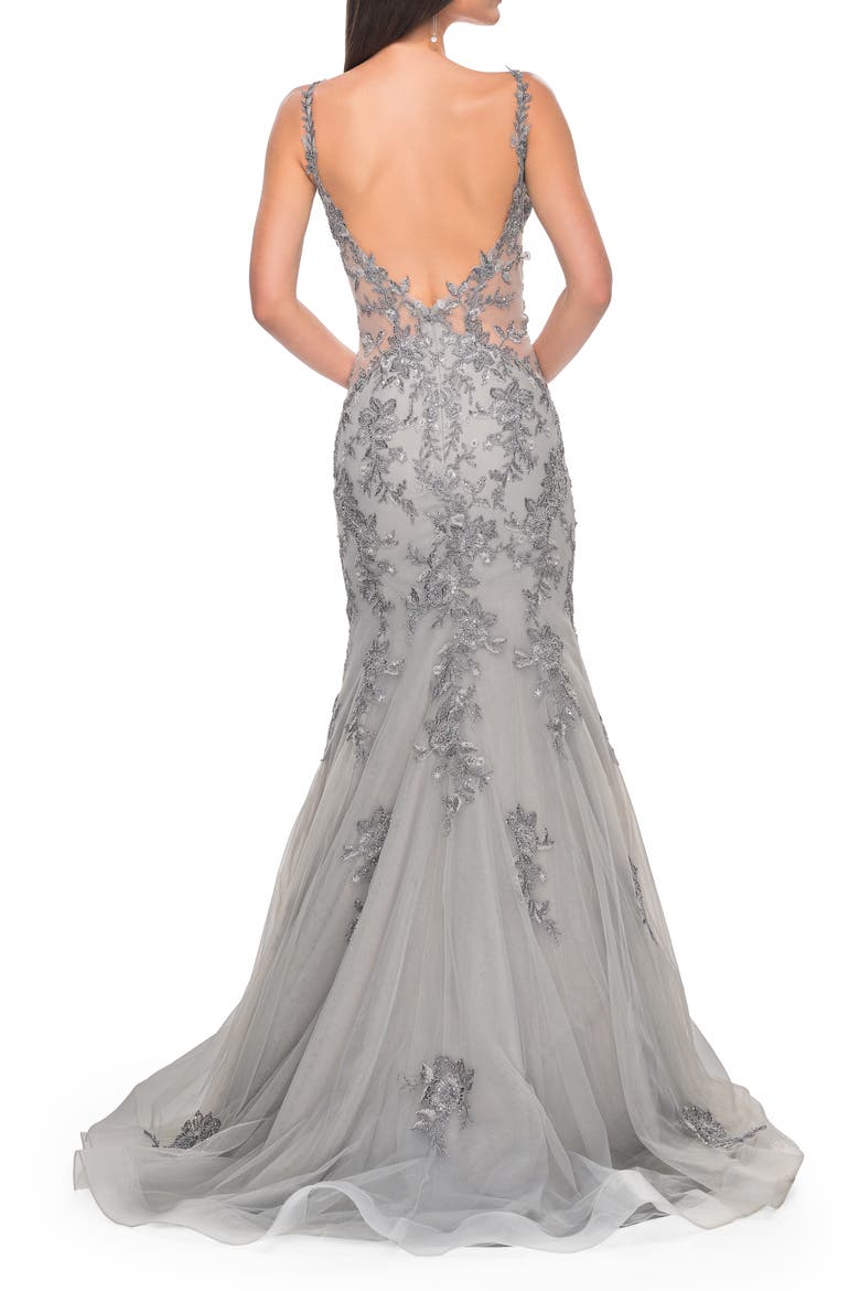 Mermaid Prom Gown with Illusion Sides and Lace Applique, Alternate, color, Silver