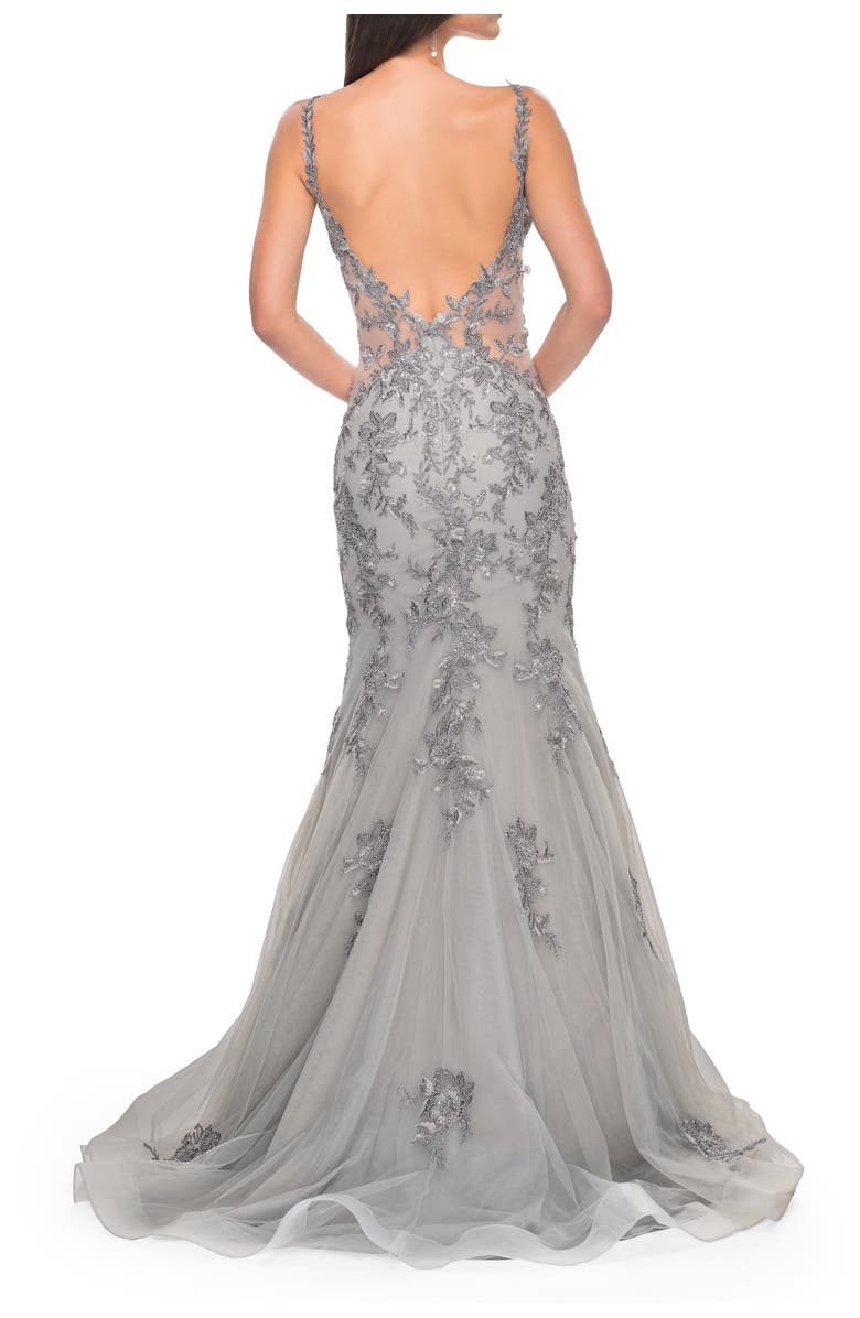 La Femme Mermaid Prom Gown with Illusion Sides and Lace Applique, Alternate, color, Silver