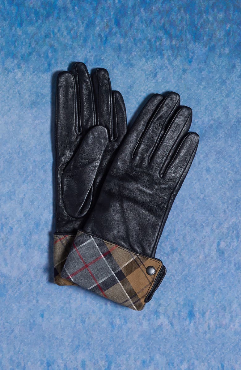 Barbour Lady Jane Tartan Cuff Leather Gloves, Alternate, color, Black/Dress Tartan