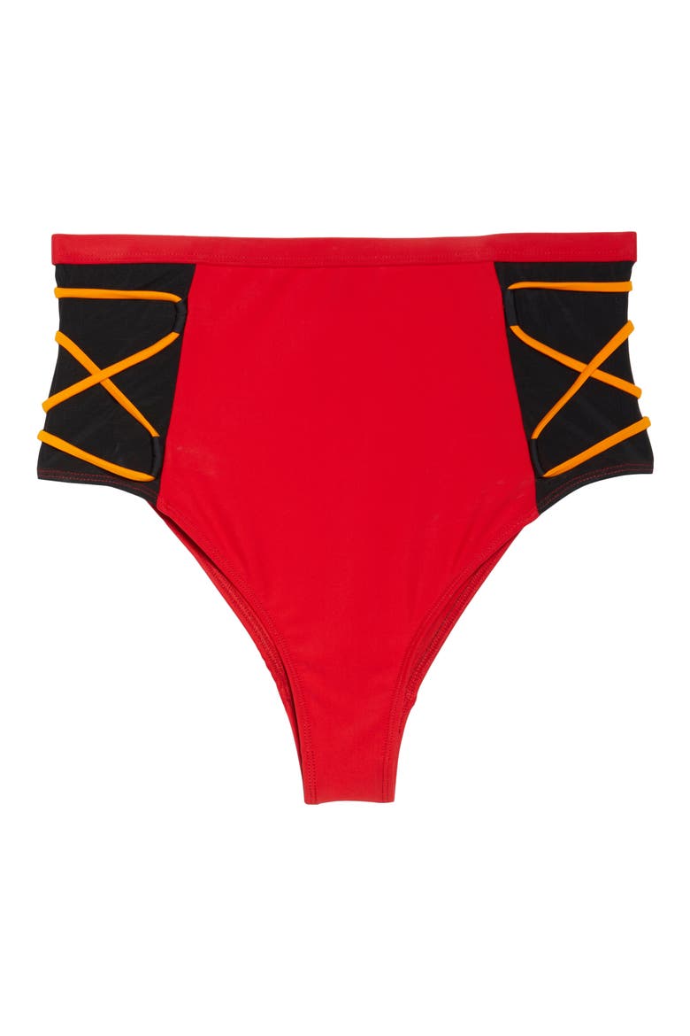 Mesh High Waist Bikini Bottoms, Alternate, color, RED/ BLACK/ ORANGE