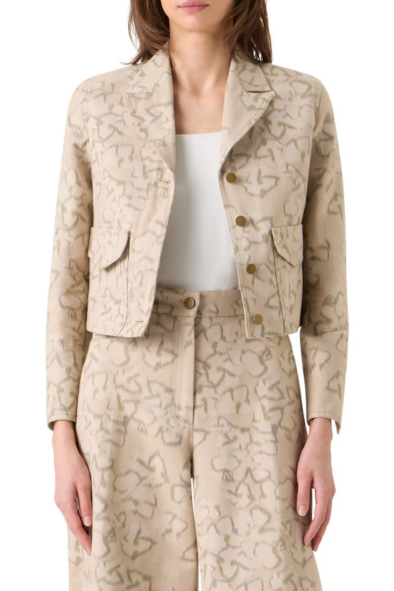 Ikat Floral Print Crop Cotton Blend Canvas Jacket, Main, color, BEIGE-OLIVE