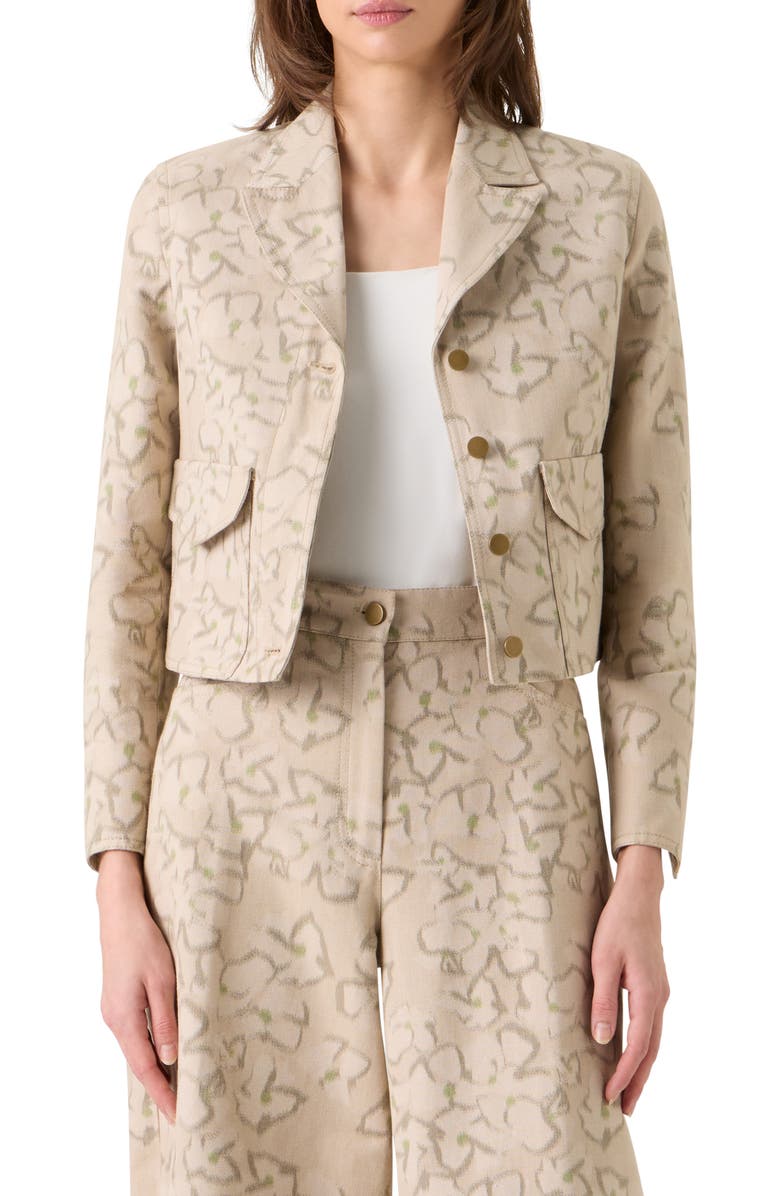 Akris punto Ikat Floral Print Crop Cotton Blend Canvas Jacket, Main, color, Beige-Olive