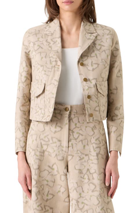 Ikat Floral Print Crop Cotton Blend Canvas Jacket