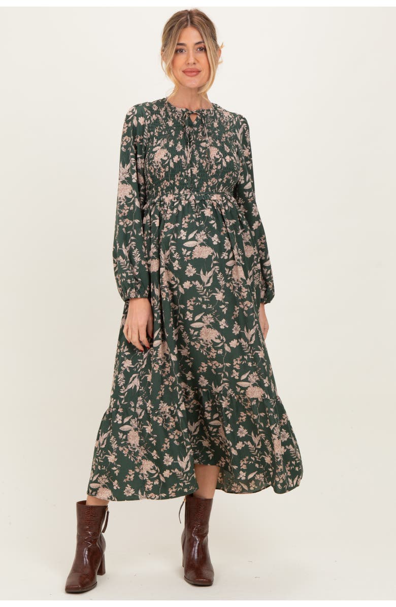 PinkBlush Floral Smocked Long Sleeve Midi Dress, Main, color, Olive Green