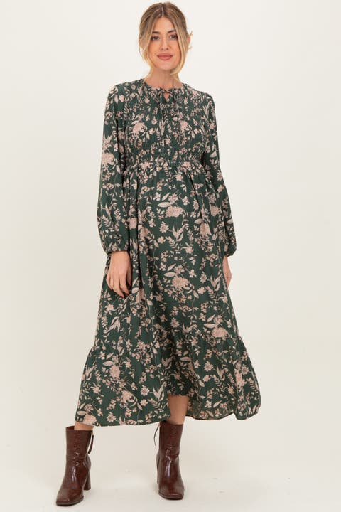 Floral Smocked Long Sleeve Midi Dress