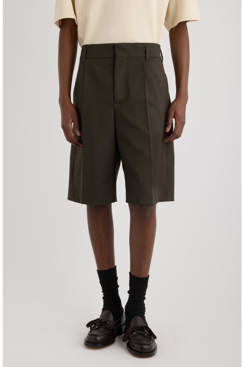 Le Short Ovalu Pleated Stretch Virgin Wool Shorts, Main, color, DARK KHAKI