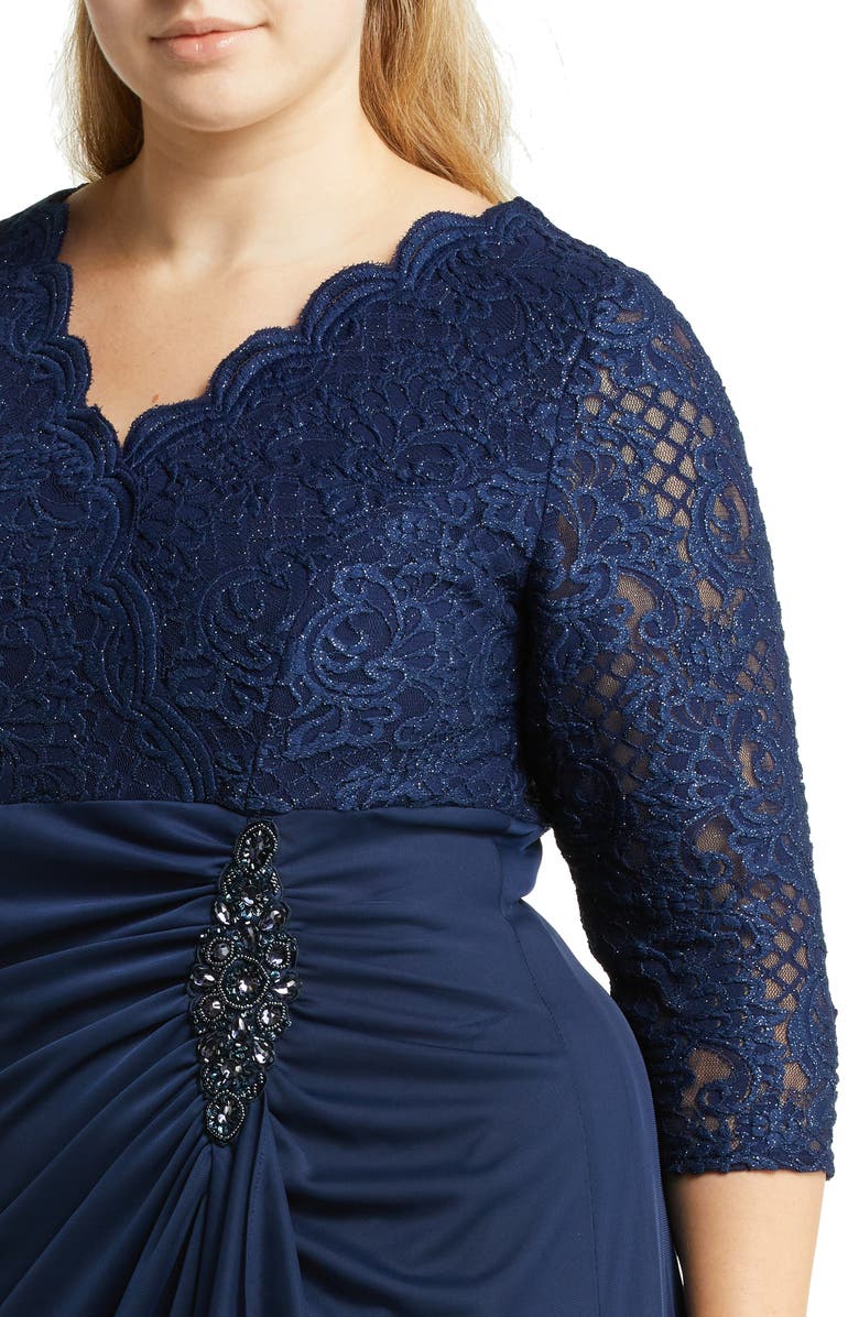 Alex Evenings Beaded Lace Bodice Empire Waist Gown, Alternate, color, Navy
