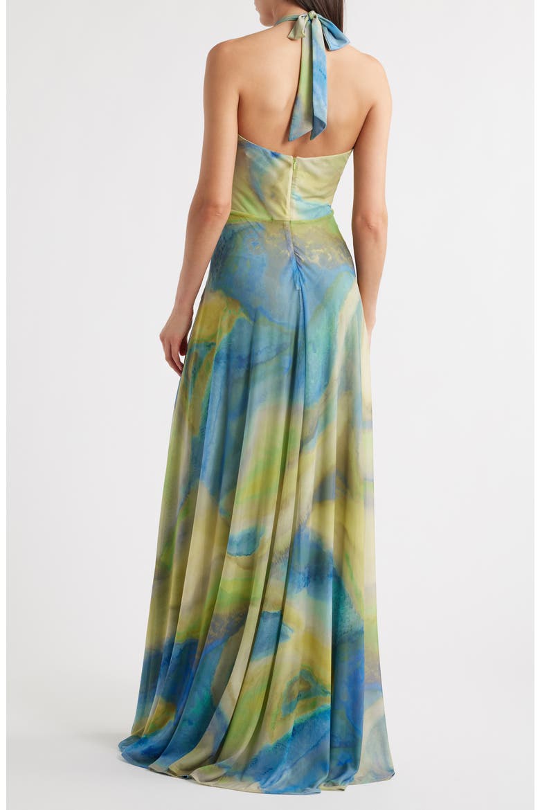 Neriah Abstract Print Halter Neck Mesh Gown, Alternate, color, BRILLIANT CITRINE