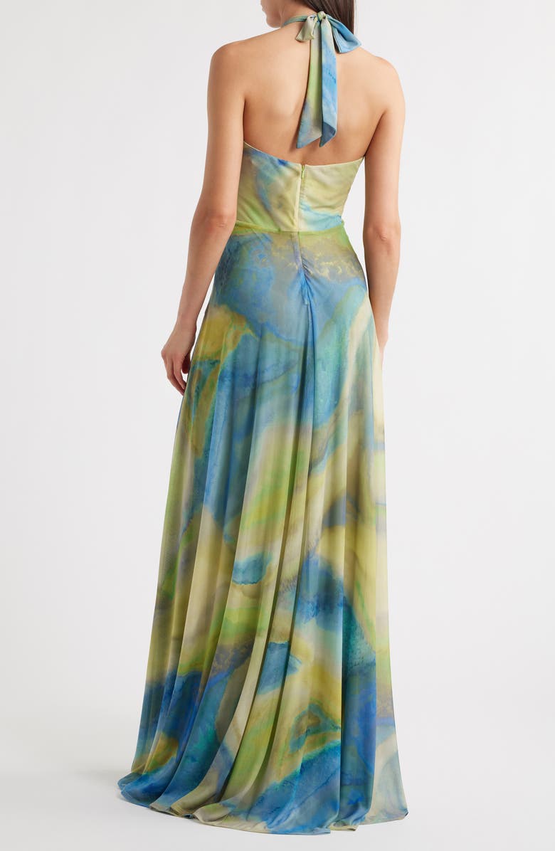 Black Halo Neriah Abstract Print Halter Neck Mesh Gown, Alternate, color, Brilliant Citrine