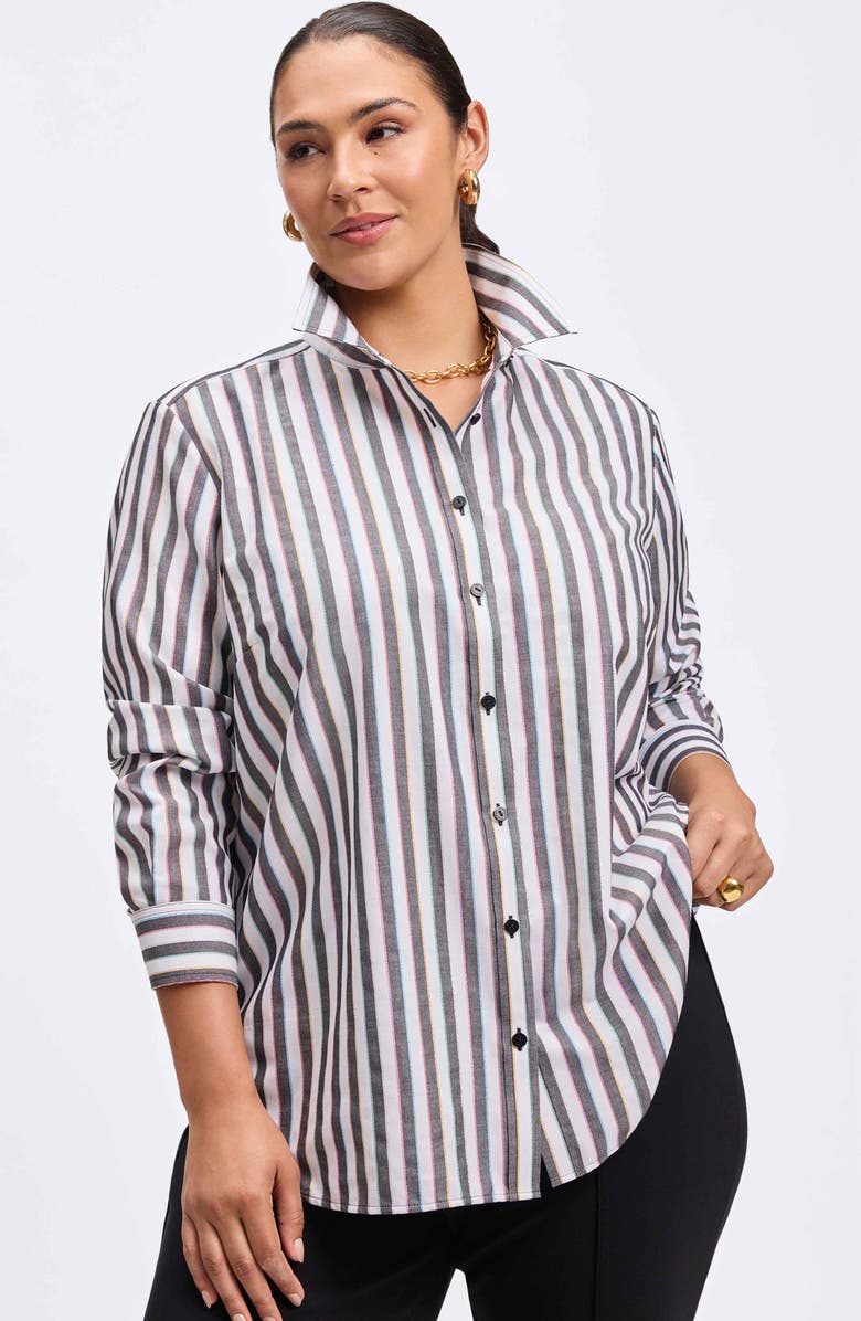 Foxcroft Rainbow Stripe Relaxed Fit Cotton Blend Button-Up Shirt, Alternate, color,
