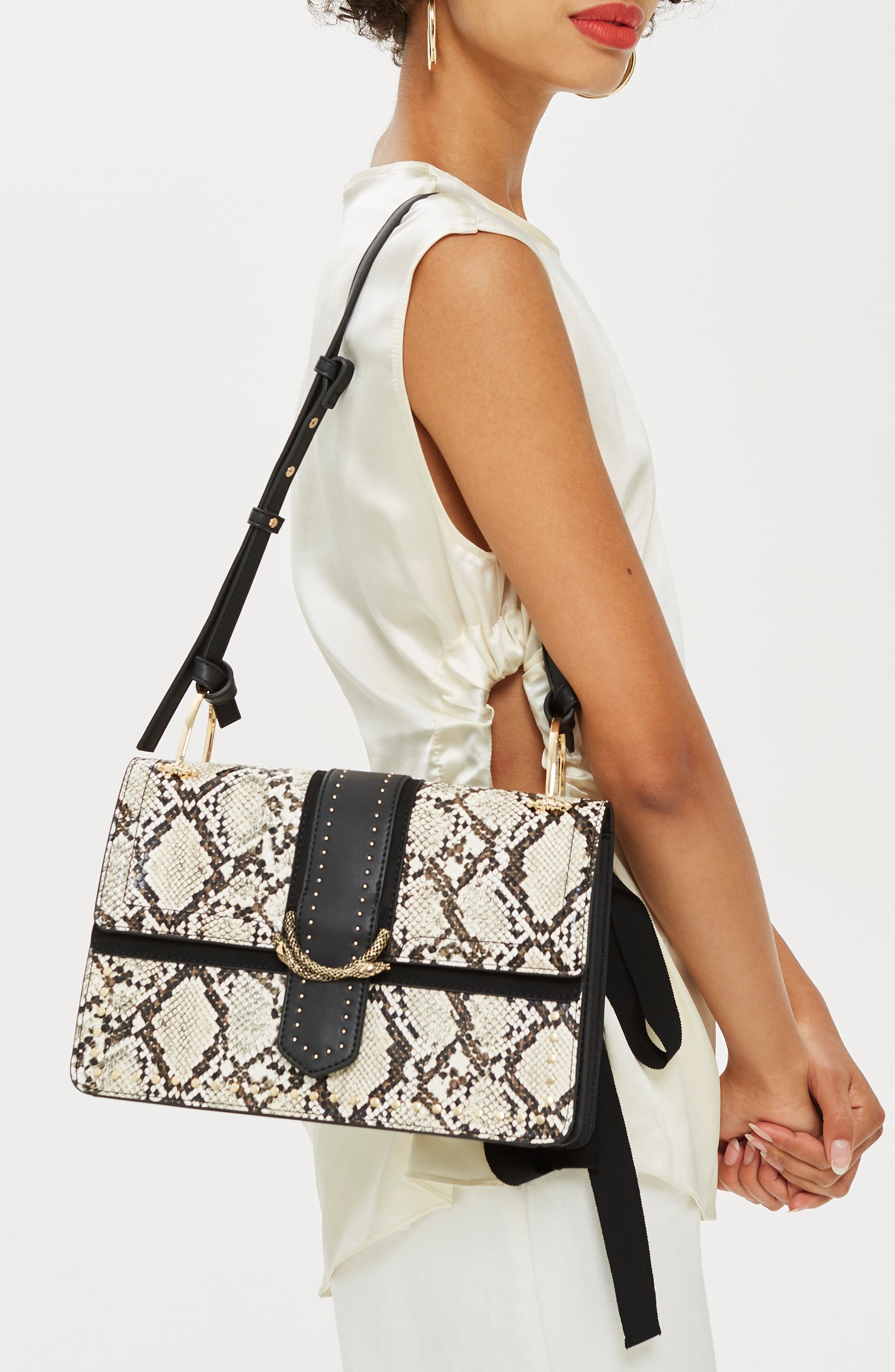 Topshop Suri Snake Effect Shoulder Bag, Alternate, color, 