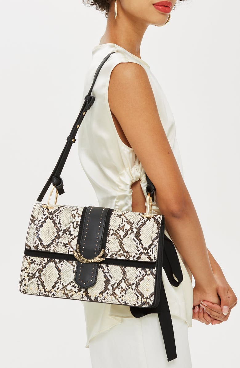 Topshop Suri Snake Effect Shoulder Bag, Alternate, color,