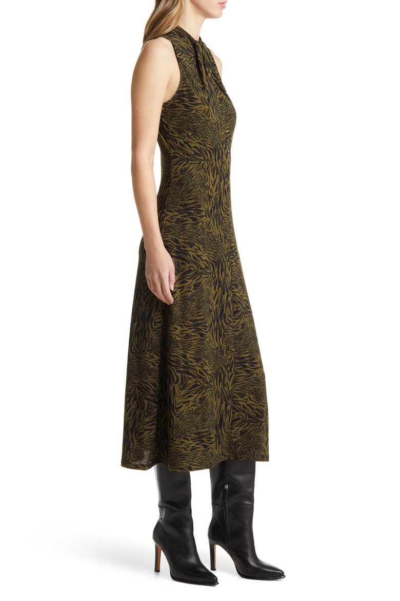 Twist Neck Animal Print Midi Dress, Alternate, color, OLIVE- BLACK SPLICE ANIMAL