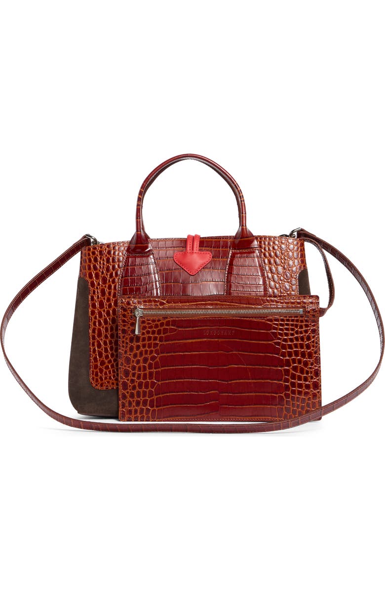 Longchamp Le Roseau Medium Mixed Leather Handbag, Alternate, color, Cognac