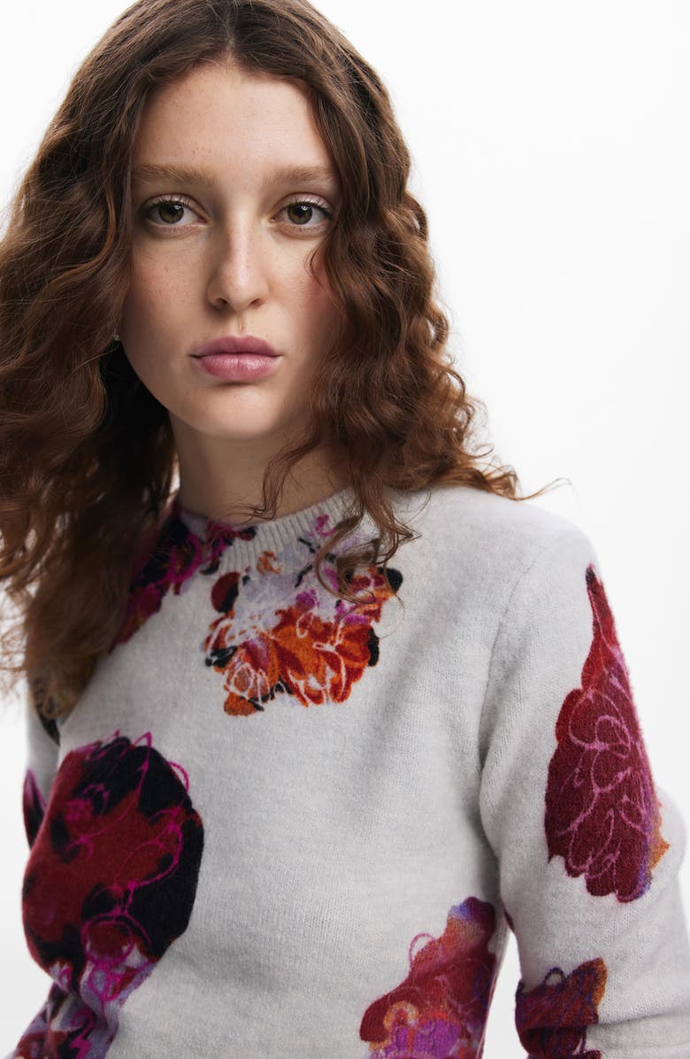 Desigual Maxflower Scribble Print Floral Crewneck Sweater, Alternate, color,