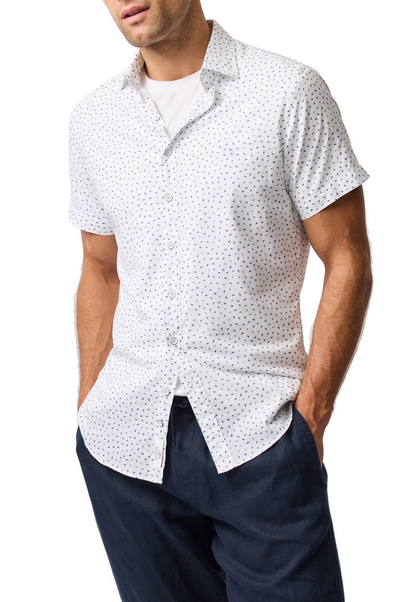 Raview Scatter Print Short Sleeve Cotton Button-Up Shirt, Main, color, BLANC