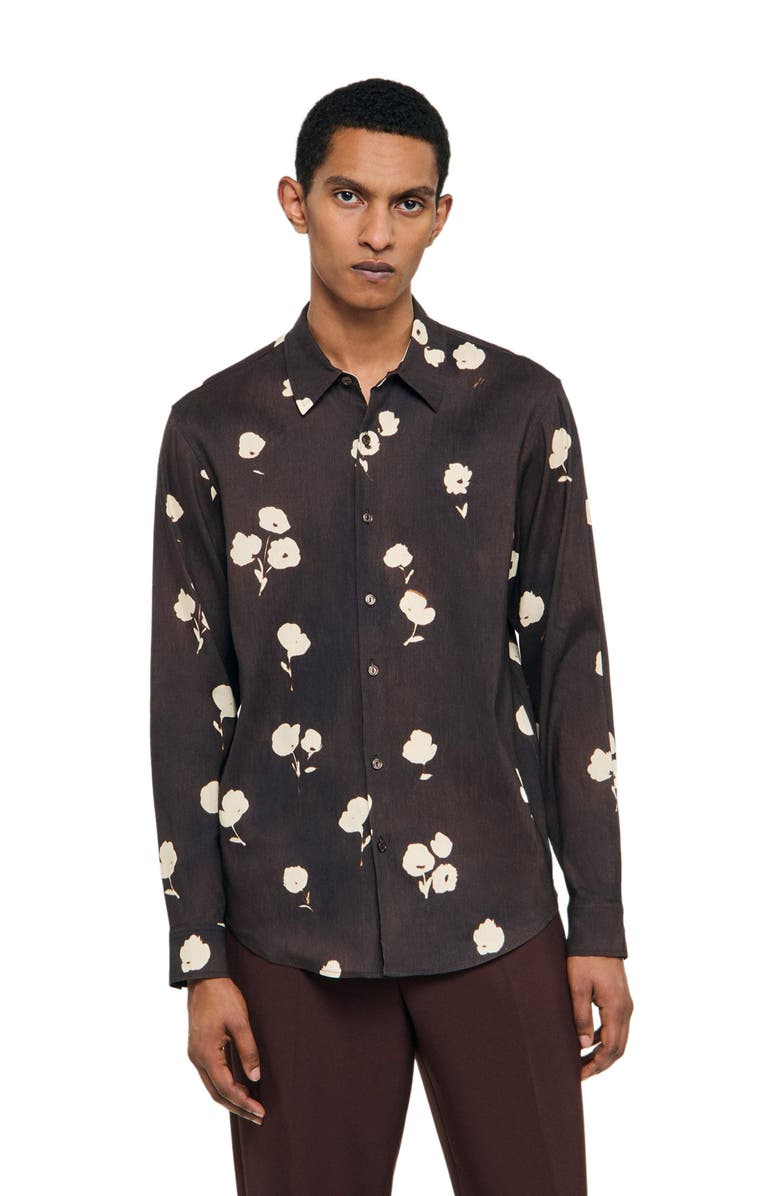 SANDRO Floral print linen shirt, Alternate, color, Chocolate