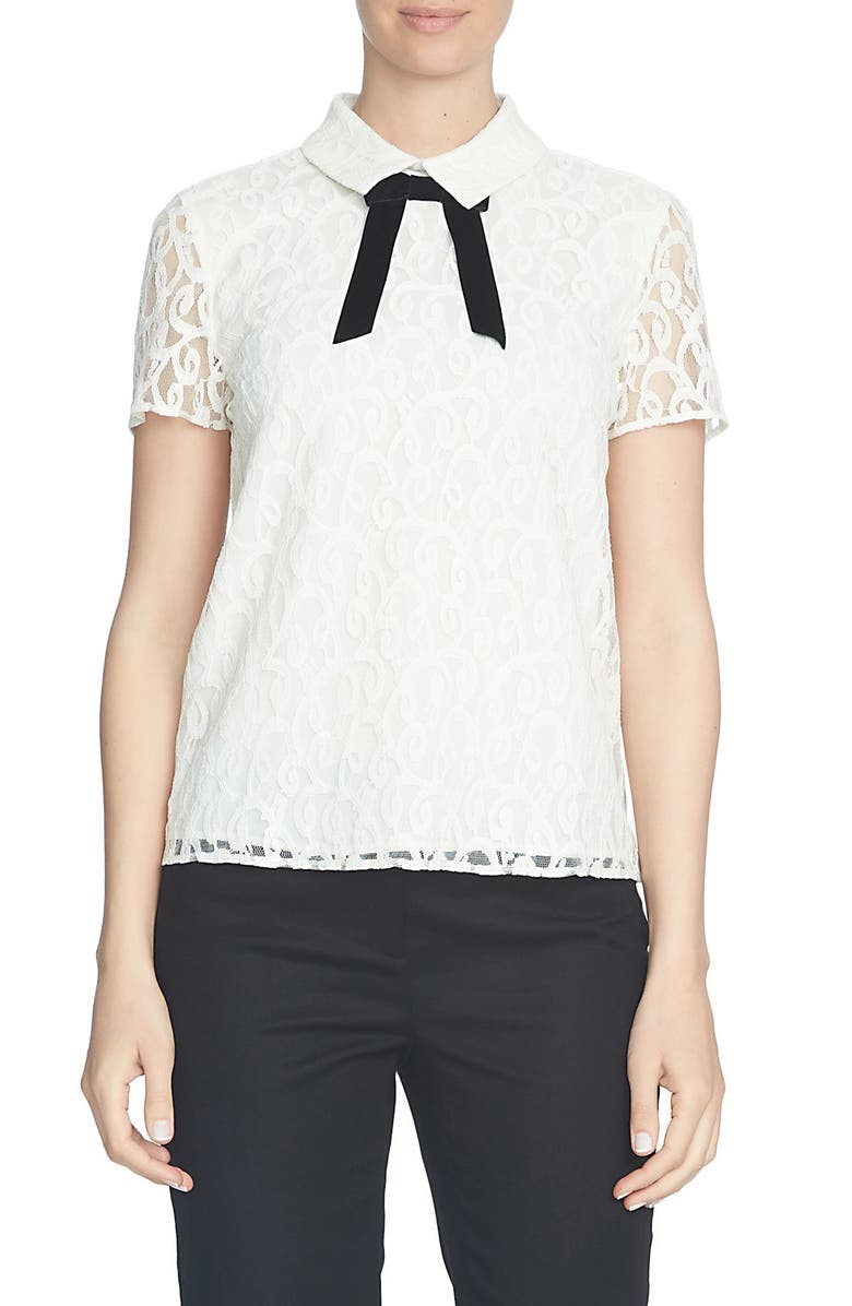 CeCe Tie Neck Scroll Lace Blouse, Main, color, 