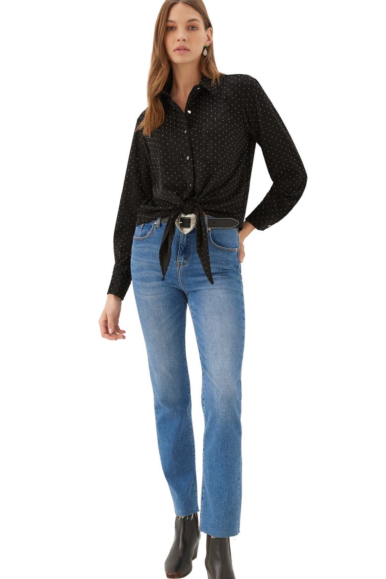 Rhinestone Faux Suede Tie Front Shirt, Alternate, color, BLACK