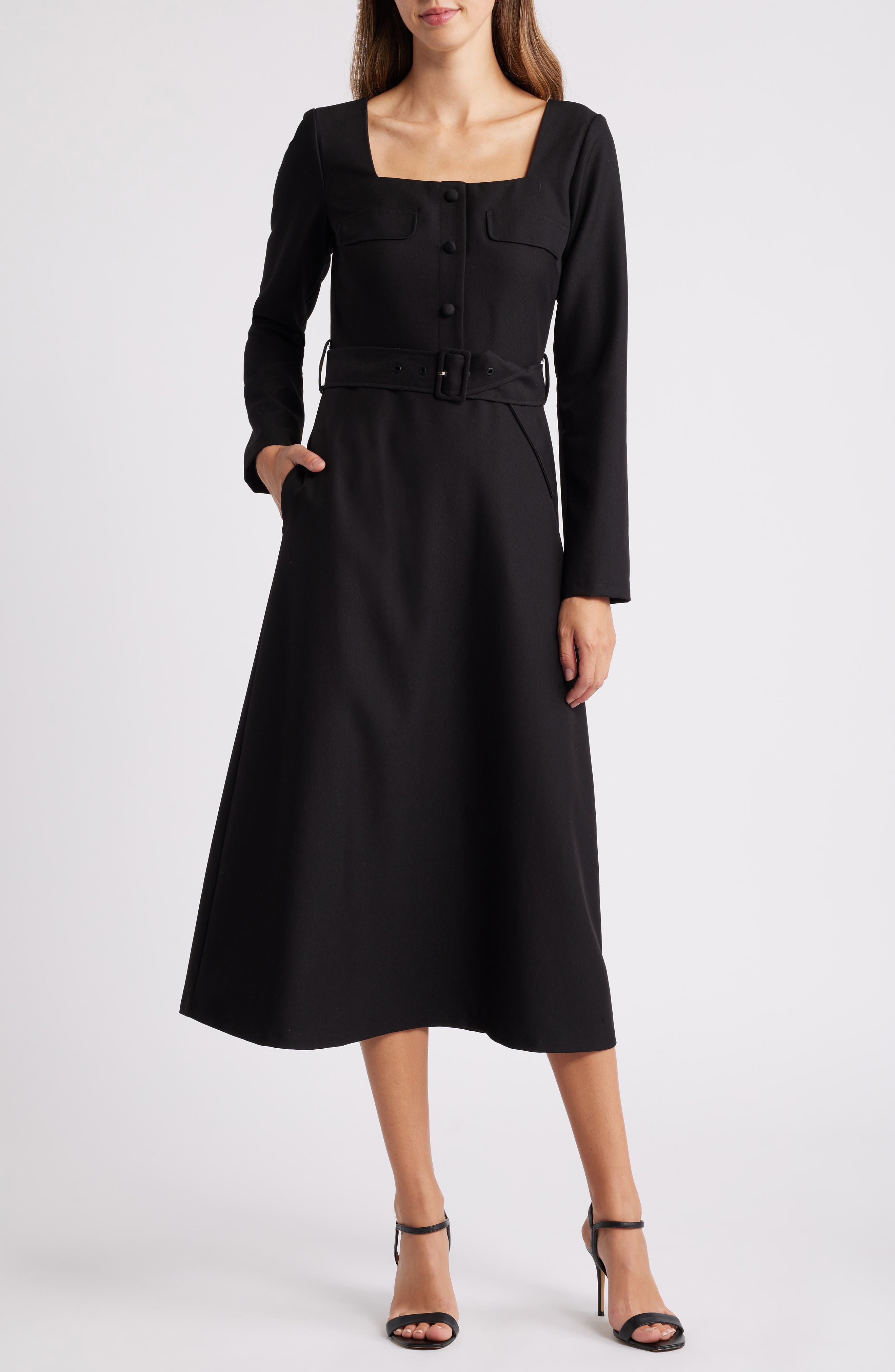 ZOE AND CLAIRE Long Sleeve Button-Up Shirtdress in Black 