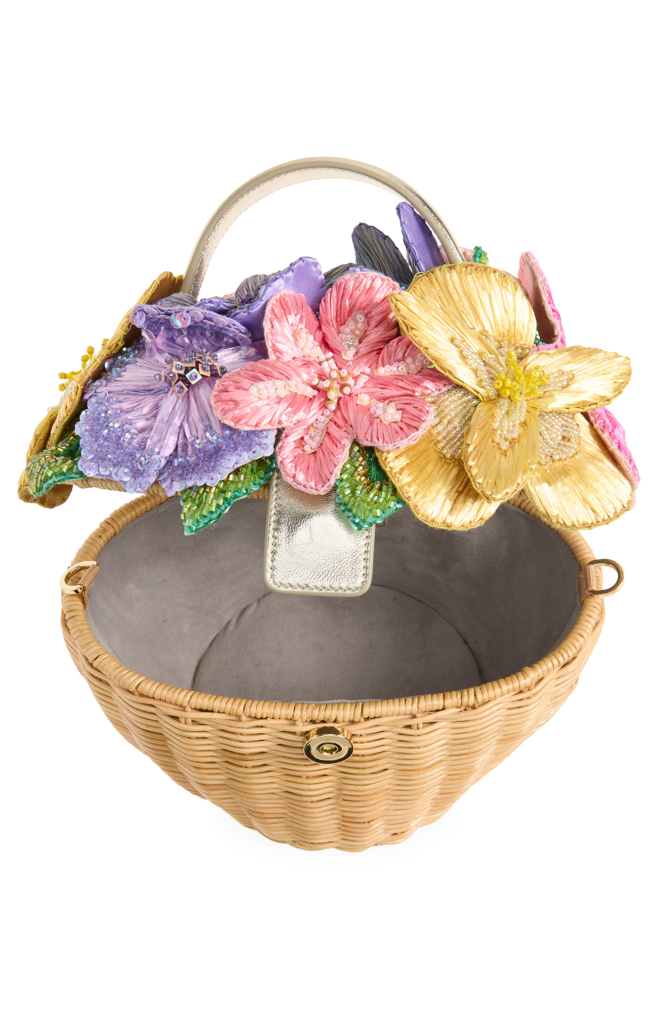JUDITH LEIBER COUTURE Dorothy Basket Flower Bouquet Woven Rattan Top Handle Bag, Alternate, color, Champagne Natural