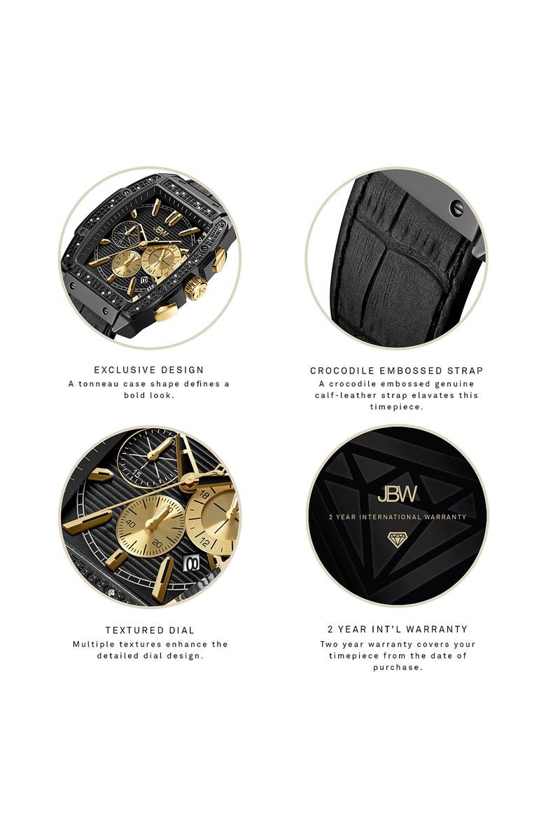 JBW Echelon Diamond Chronograph Croc Embossed Leather Strap Watch, 41mm, Alternate, color, Black