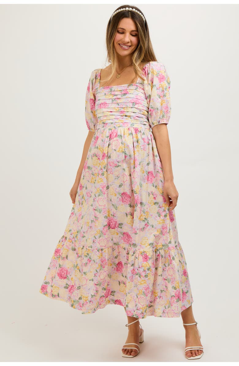 PinkBlush Floral Pleated Puff Sleeve Midi Dress, Main, color, Lavender