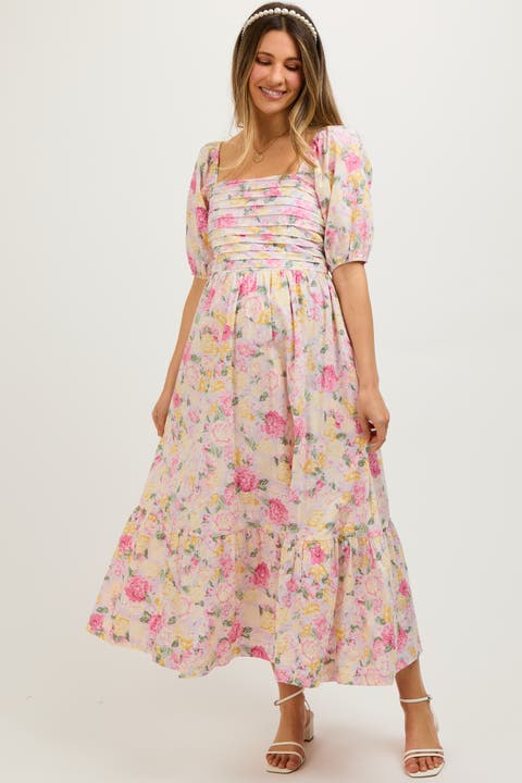 Floral Pleated Puff Sleeve Midi Dress