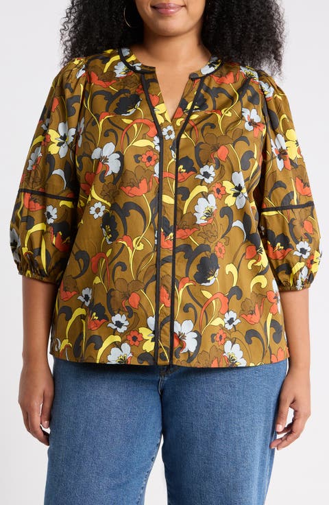 Floral Print Split Neck Cotton Top