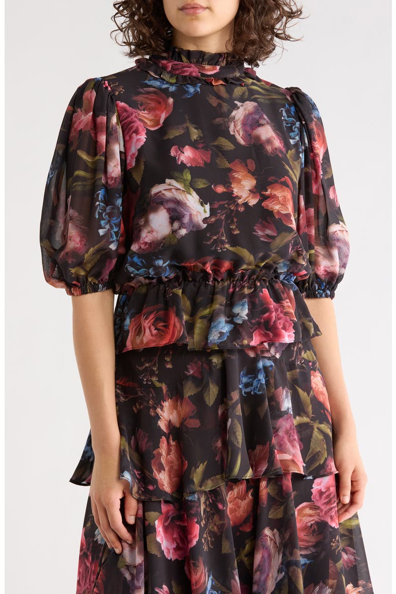 Ruffle Mock Neck Top, Main, color, BLACK ROSE PRINT