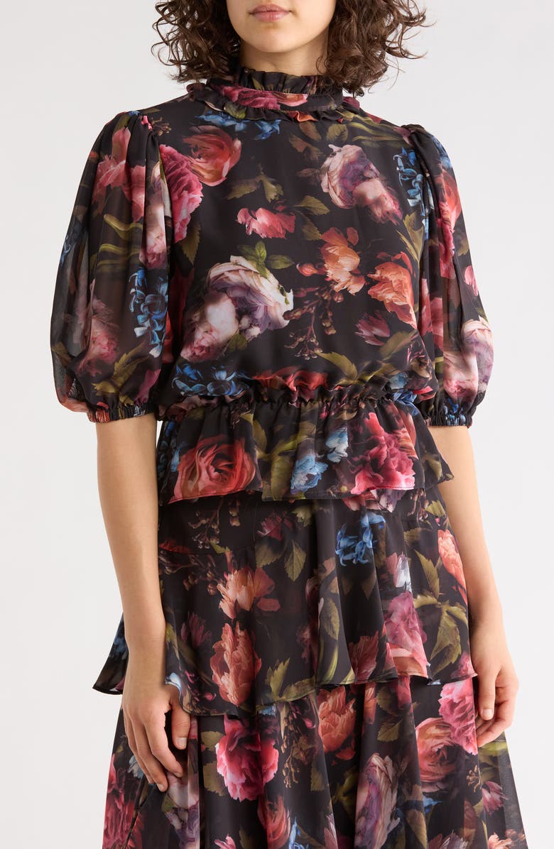 T Tahari Ruffle Mock Neck Top, Main, color, Black Rose Print