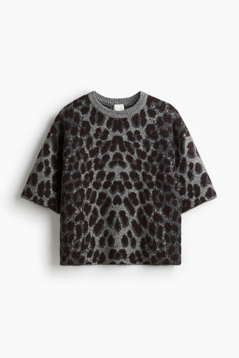 Boxy Jacquard-knit Jumper, Alternate, color, Gray/leopard print