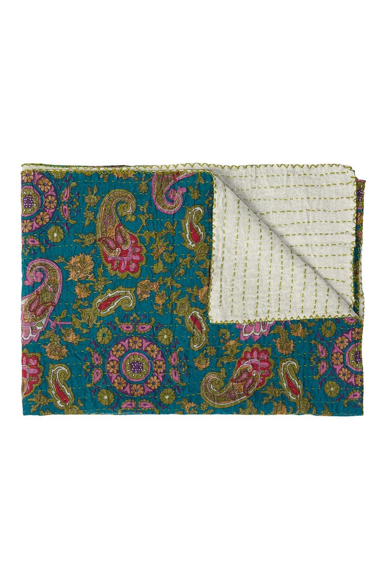 Vintage Cotton Kantha Throw Blanket, Main, color, TEAL PAISLEY