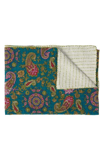 Taj Hotel Vintage Cotton Kantha Throw Blanket In Teal Paisley