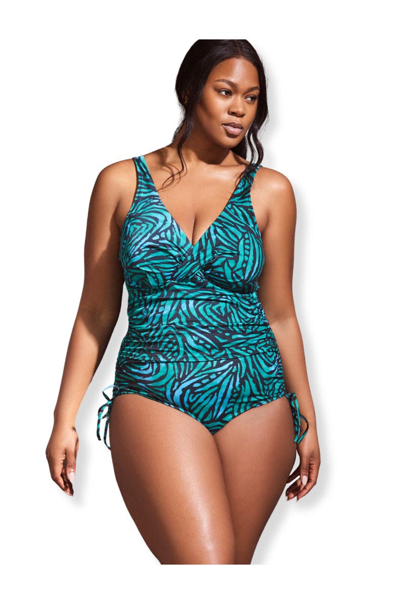 Live Unlimited Abstract Print Ruched Swimsuit, Main, color, Green