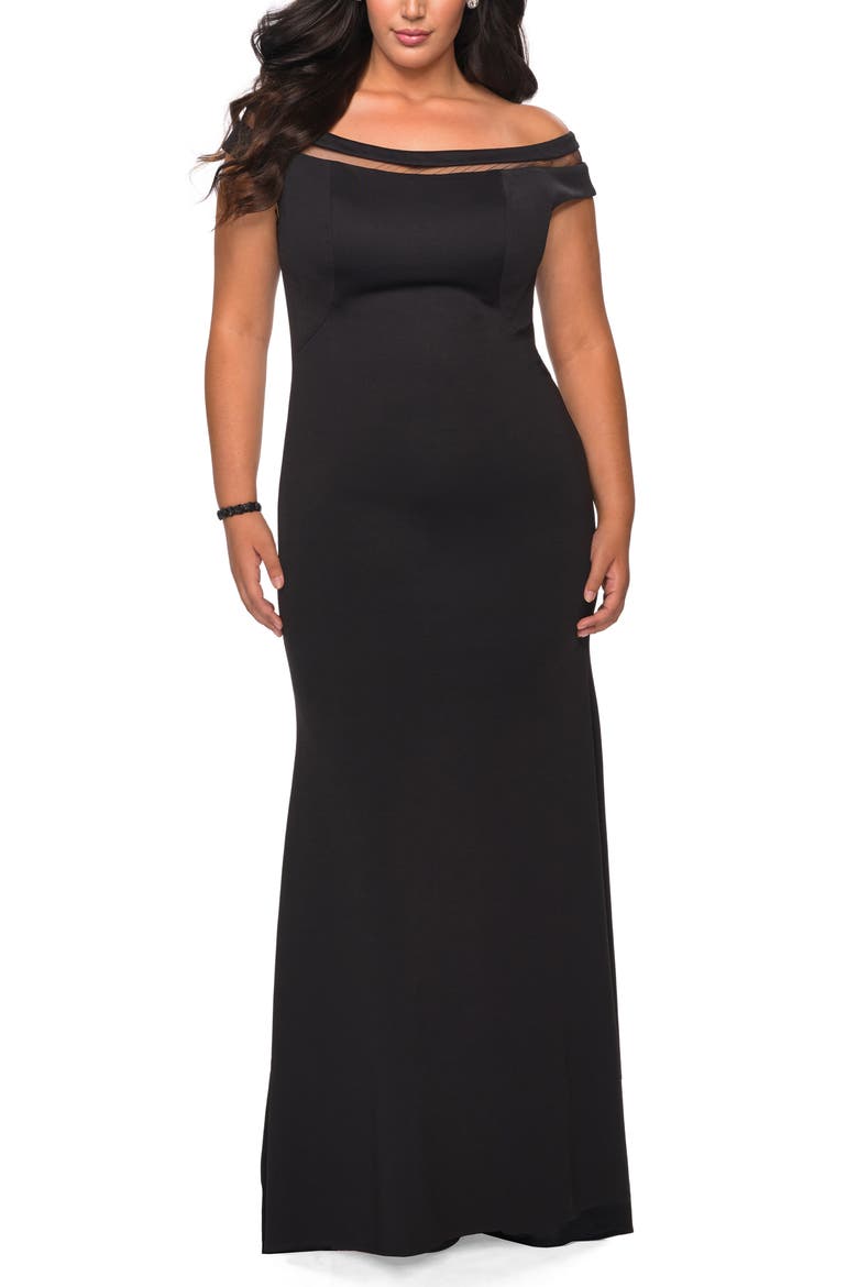 Off The Shoulder Plus Size Gown with Sheer Neckline Detail, Main, color, BLACK