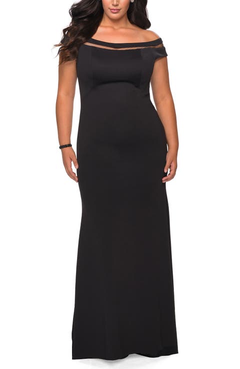 Off The Shoulder Plus Size Gown with Sheer Neckline Detail