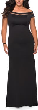 La Femme Off The Shoulder Plus Size Gown with Sheer Neckline Detail