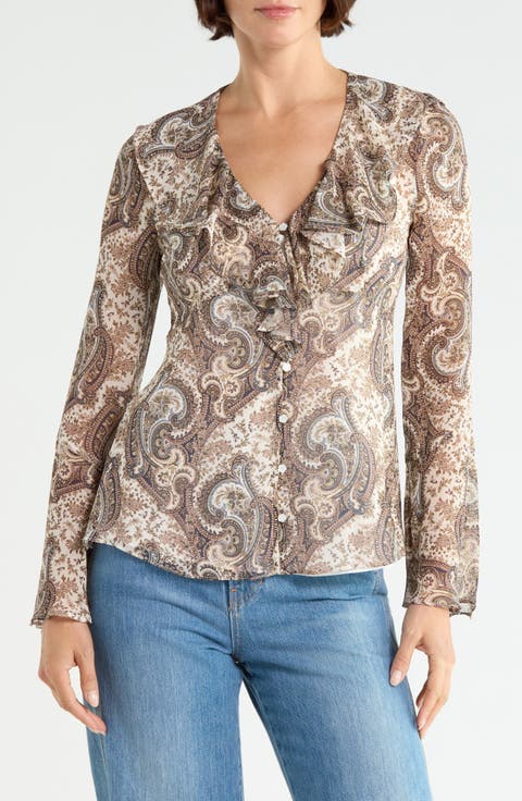 Kyrie Ruffle Bell Sleeve Silk Button-Up Shirt