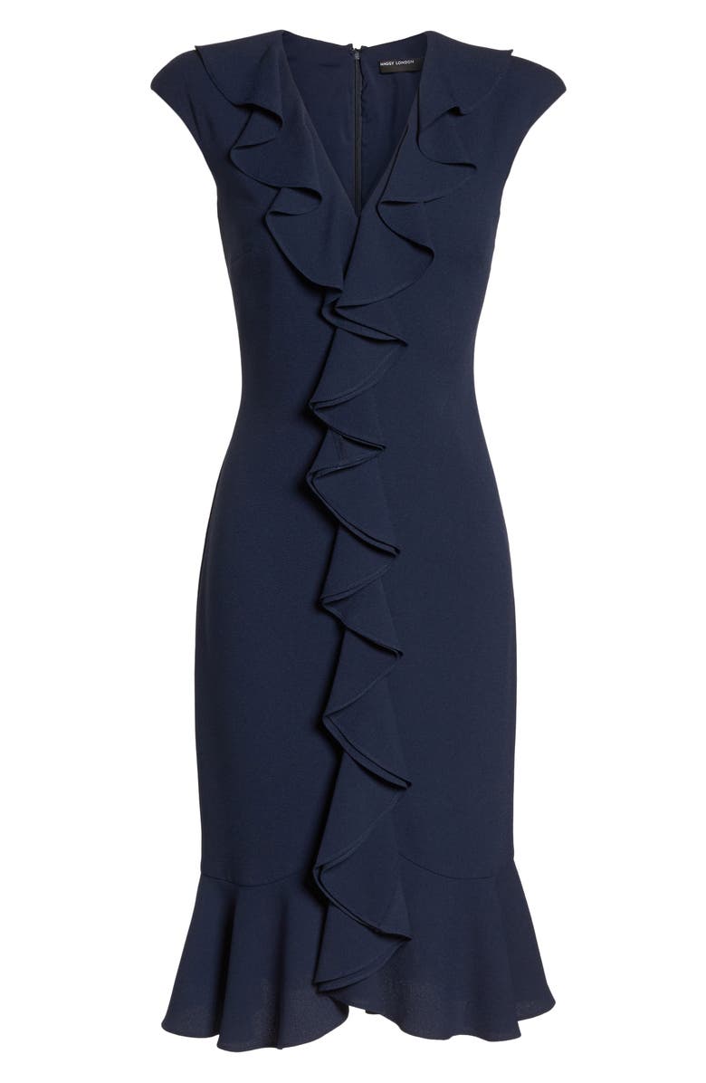 Maggy London Crepe Ruffle Front Sheath Dress, Alternate, color,