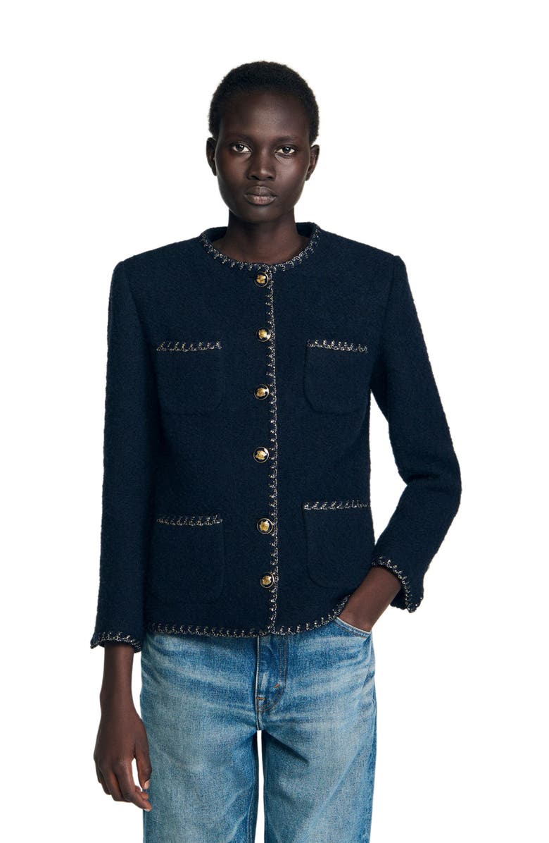 SANDRO Tweed jacket with removable collar, Main, color, Navy Blue