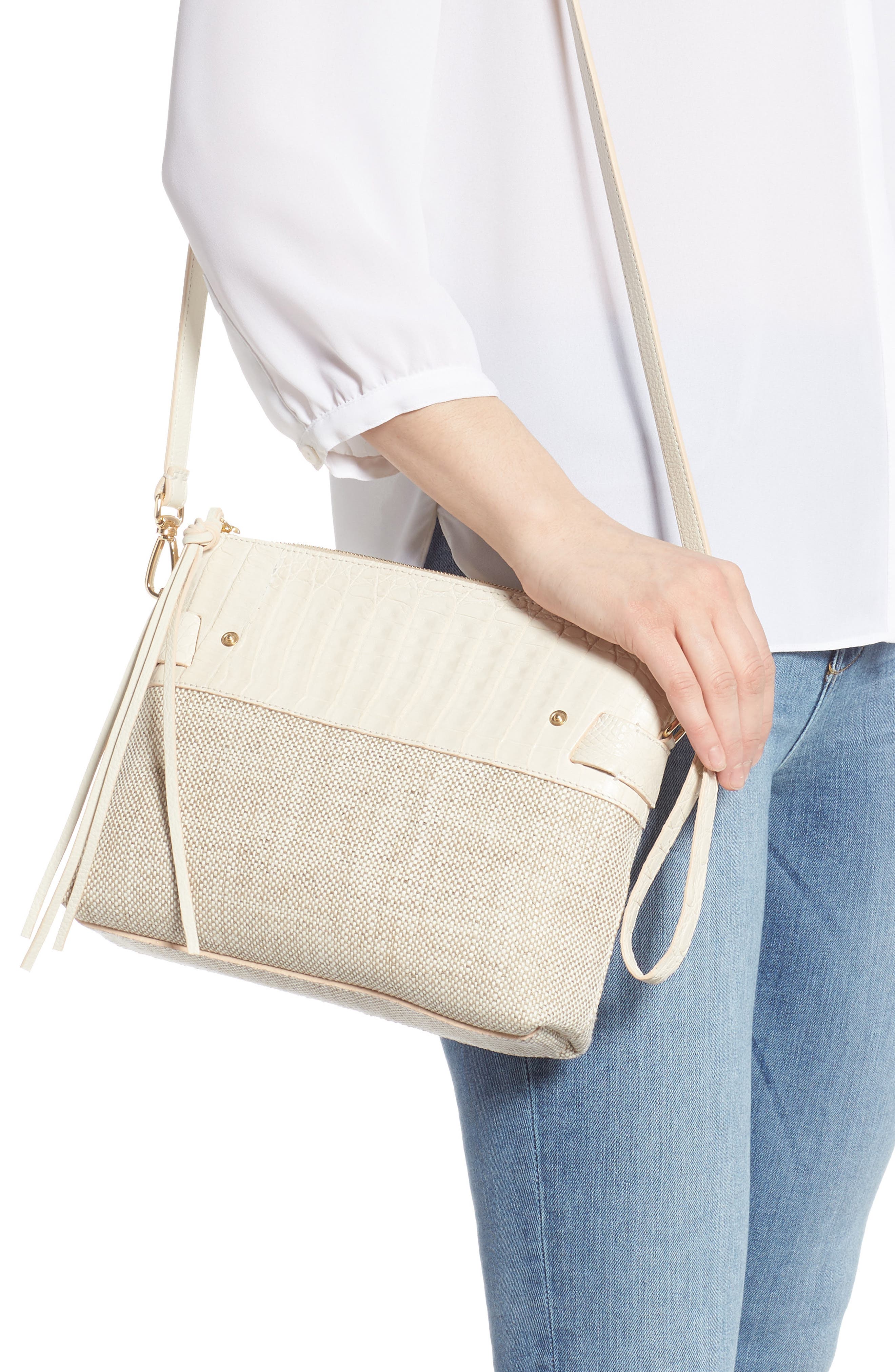 Nancy Gonzalez Medium Cristie Linen & Genuine Crocodile Tote, Alternate, color, 