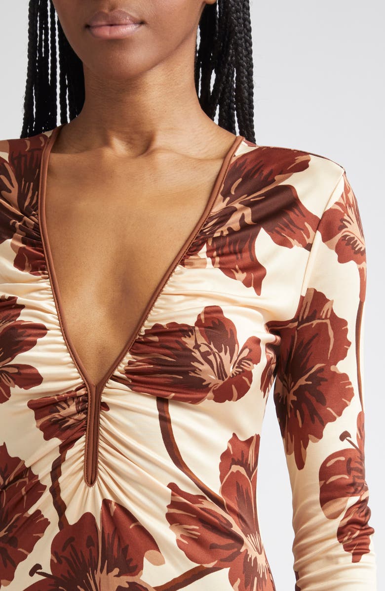 Johanna Ortiz Alma Bordada Floral Print Long Sleeve Jersey Dress, Alternate, color, Ecru / Chocolate / Mocca